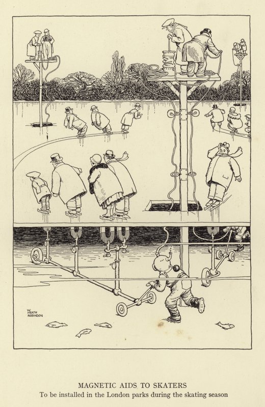 Ayudas magnéticas para patinadores, para ser instaladas en los parques de Londres durante la temporada de patinaje de William Heath Robinson