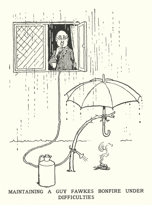 Manteniendo una hoguera de Guy Fawkes bajo dificultades de William Heath Robinson