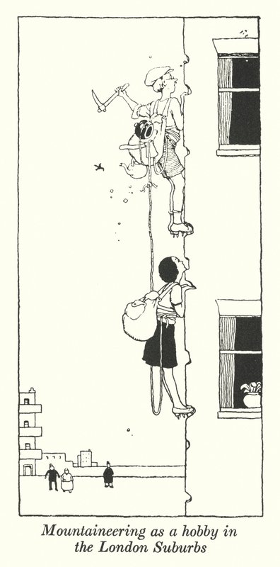 Montañismo como pasatiempo en los suburbios de Londres de William Heath Robinson