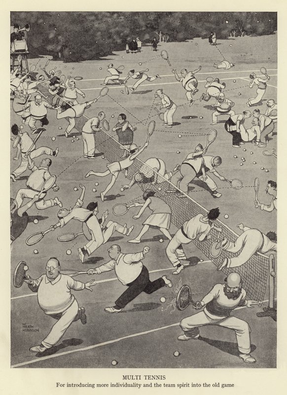 Tenis múltiple, para introducir más individualidad y espíritu de equipo en el viejo juego de William Heath Robinson