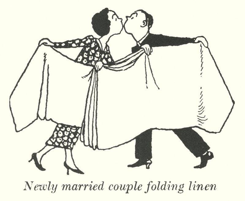 Pareja recién casada doblando ropa de William Heath Robinson