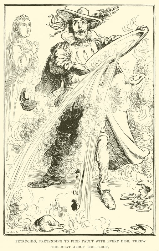 Petruchio, fingiendo encontrar fallos en cada plato, arrojó la carne al suelo de William Heath Robinson