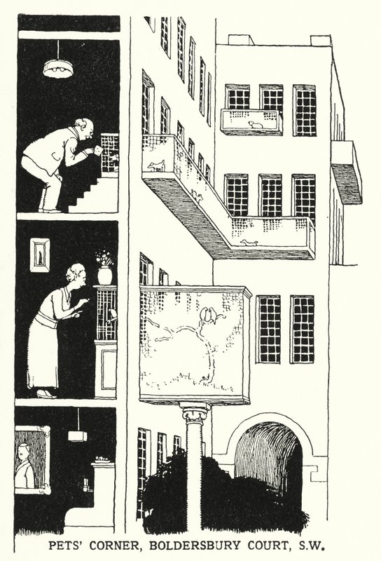Rincón de Mascotas, Boldersbury Court, SW de William Heath Robinson