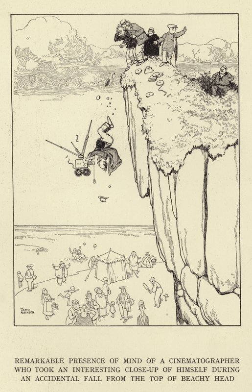 Notable presencia de ánimo de un cinematógrafo que tomó un interesante primer plano de sí mismo durante una caída accidental desde la cima de Beachy Head de William Heath Robinson