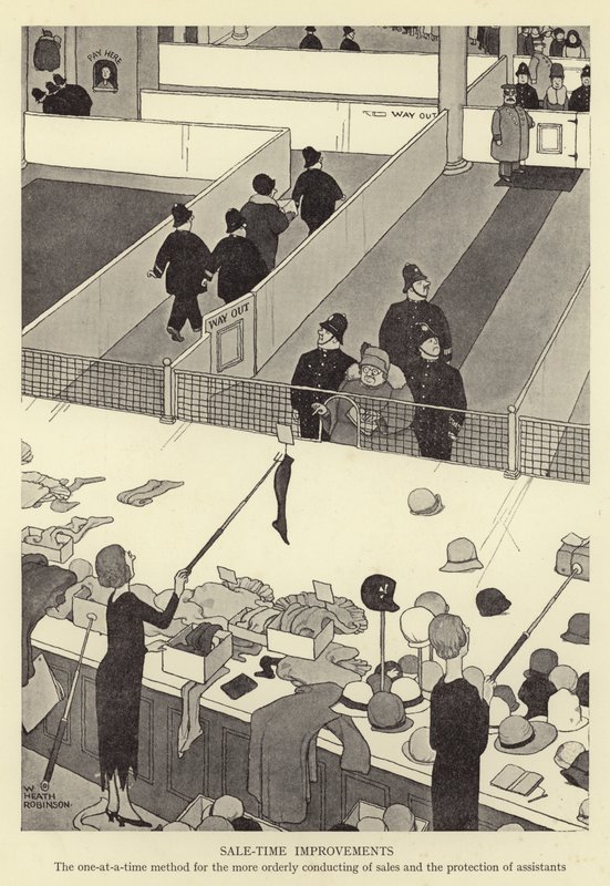 Mejoras en el tiempo de venta, el método de uno a la vez para la conducción más ordenada de las ventas y la protección de los asistentes de William Heath Robinson