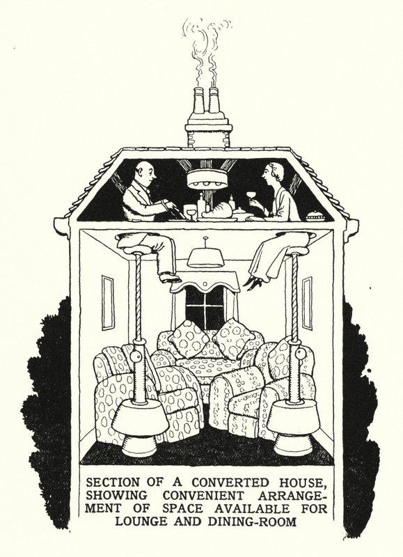 Sección de una casa convertida, mostrando la disposición conveniente del espacio disponible para salón y comedor de William Heath Robinson