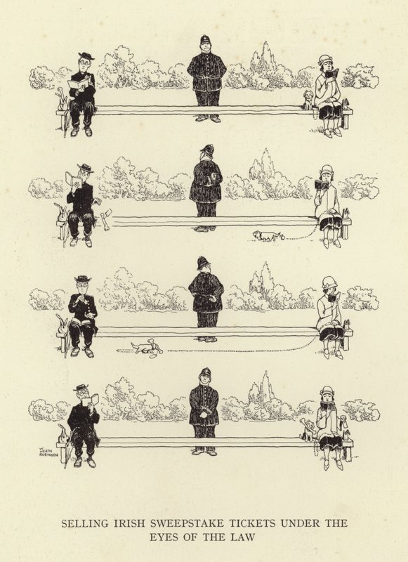 Vendiendo boletos de la lotería irlandesa bajo la mirada de la ley de William Heath Robinson