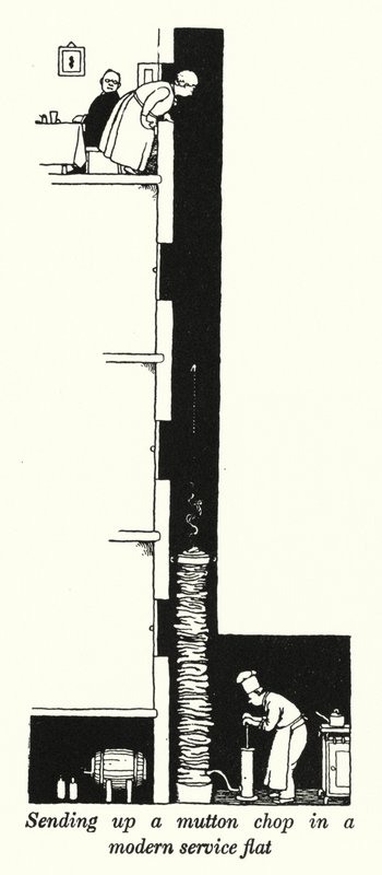 Enviando una chuleta de cordero en un piso de servicio moderno de William Heath Robinson