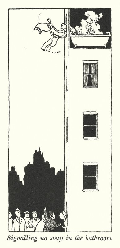 Señalando que no hay jabón en el baño (litografía) de William Heath Robinson