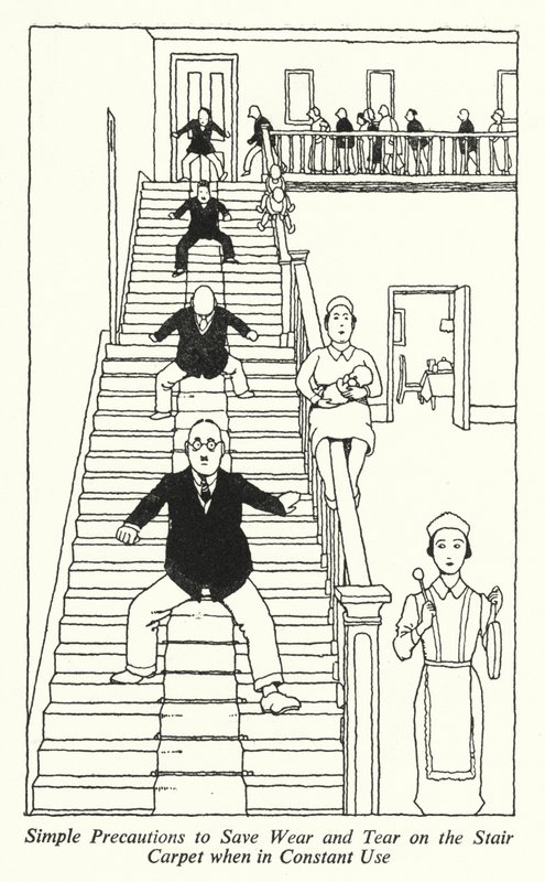 Precauciones simples para ahorrar desgaste en la alfombra de la escalera cuando está en uso constante de William Heath Robinson
