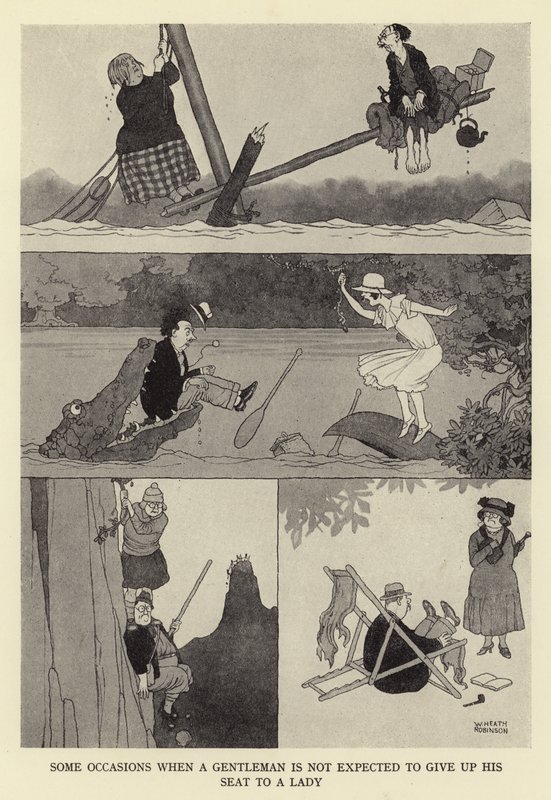 Algunas ocasiones en las que no se espera que un caballero ceda su asiento a una dama de William Heath Robinson