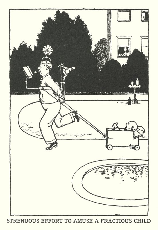 Esfuerzo arduo para divertir a un niño irritable (litografía) de William Heath Robinson
