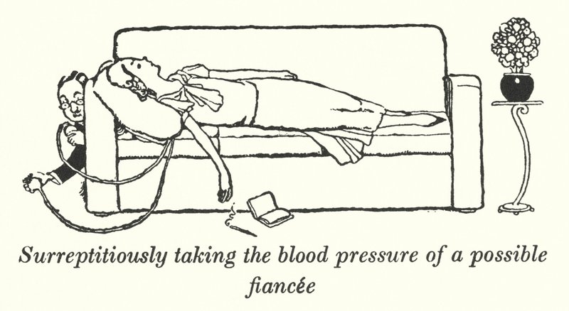 Tomando la presión arterial de una posible prometida a escondidas (litografía) de William Heath Robinson