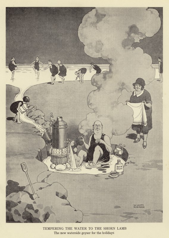 Templando el agua para el cordero esquilado, el nuevo géiser junto al agua para las vacaciones de William Heath Robinson