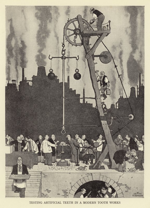Probando dientes artificiales en una fábrica moderna de dientes de William Heath Robinson