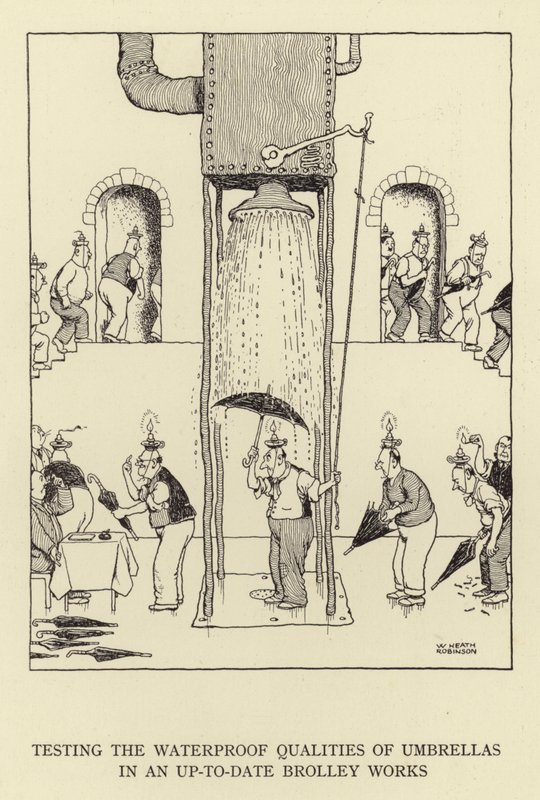 Probando las cualidades impermeables de los paraguas en una fábrica moderna de paraguas de William Heath Robinson