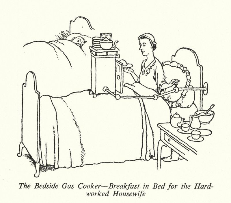 La cocina de gas junto a la cama, desayuno en la cama para la ama de casa trabajadora de William Heath Robinson