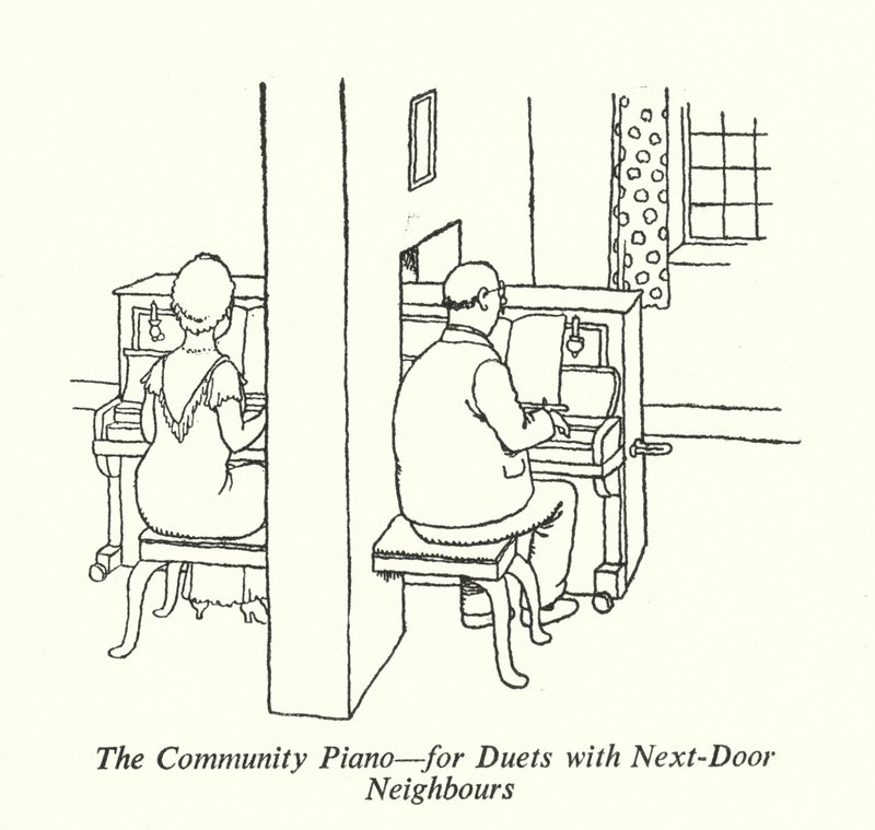 El piano comunitario, para duetos con vecinos de al lado de William Heath Robinson