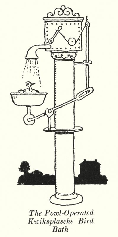 El baño de aves Kwiksplasche operado por aves de William Heath Robinson