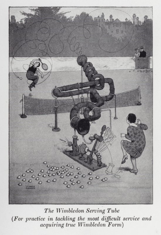 El tubo de servicio de Wimbledon, para practicar el servicio más difícil y adquirir la verdadera forma de Wimbledon de William Heath Robinson