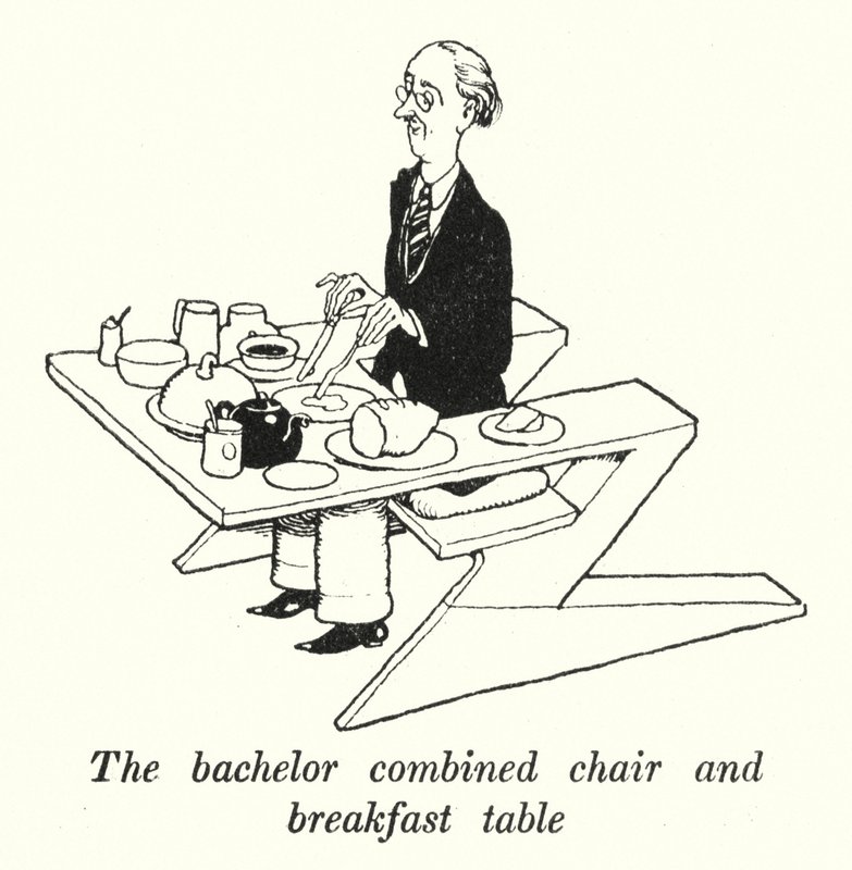 La silla y mesa de desayuno combinadas del soltero de William Heath Robinson