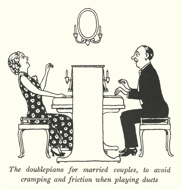 El doble piano para parejas casadas, para evitar calambres y fricciones al tocar duetos de William Heath Robinson
