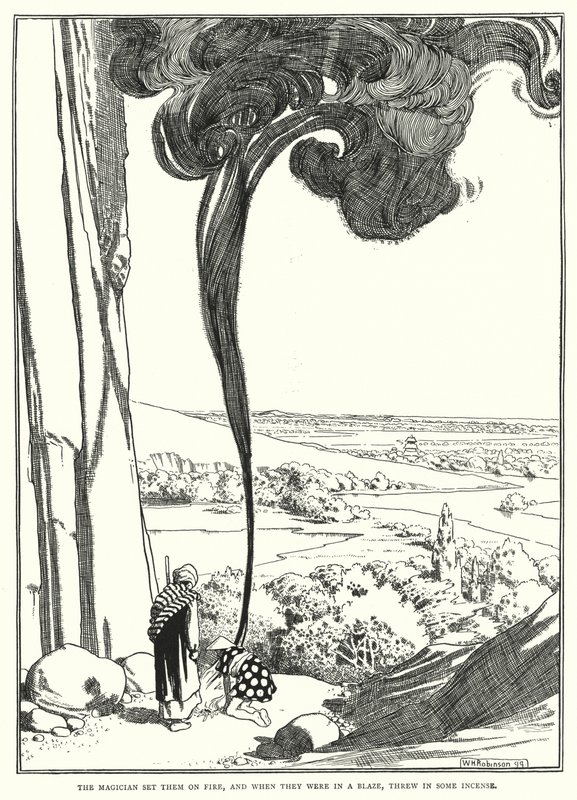 El mago los prendió fuego, y cuando estaban en llamas, arrojó incienso (grabado) de William Heath Robinson