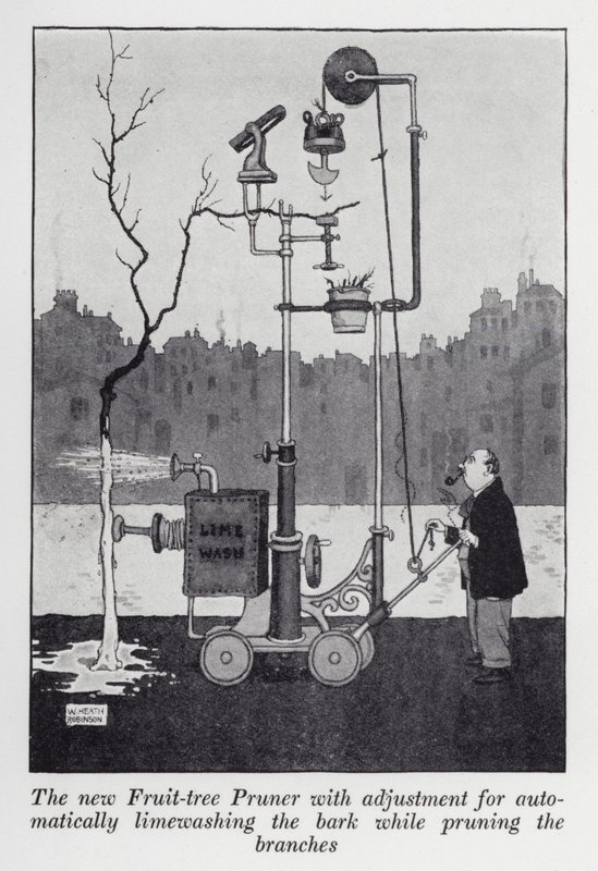 El nuevo podador de árboles frutales con ajuste para encalar automáticamente la corteza mientras poda las ramas de William Heath Robinson