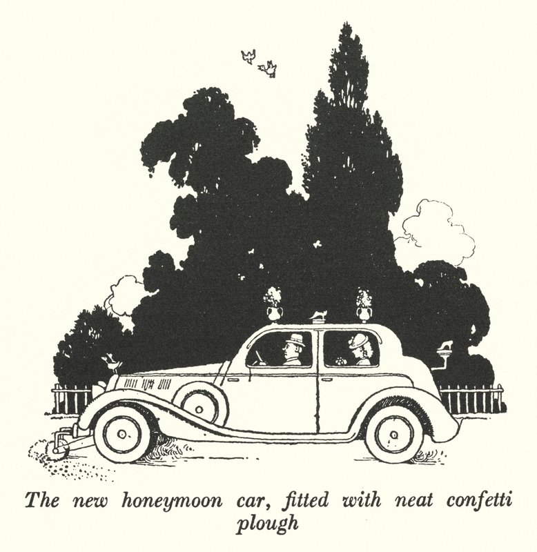 El nuevo coche de luna de miel, equipado con un arado de confeti de William Heath Robinson