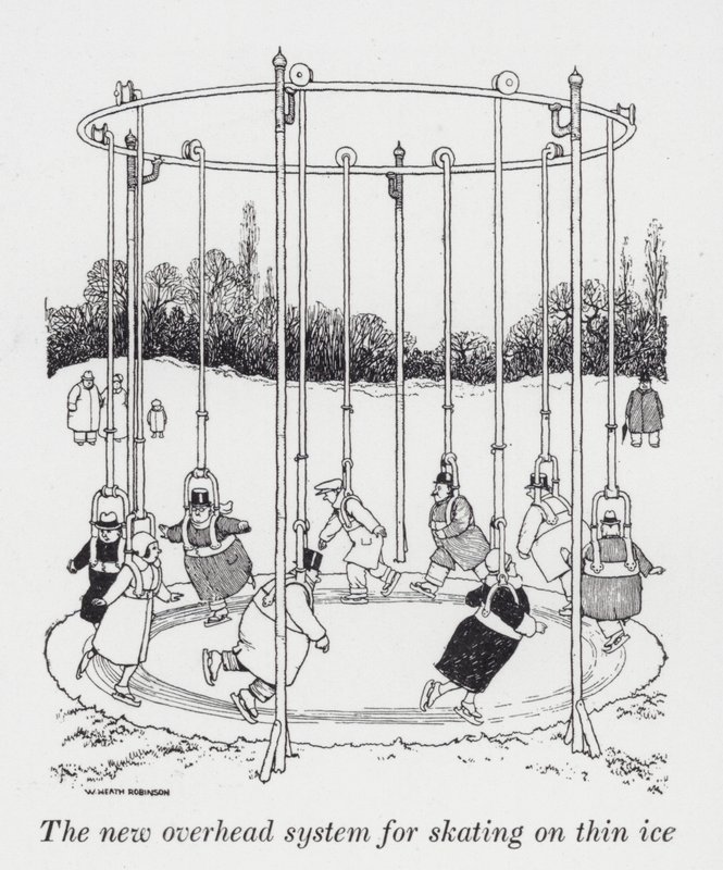 El nuevo sistema aéreo para patinar sobre hielo delgado de William Heath Robinson