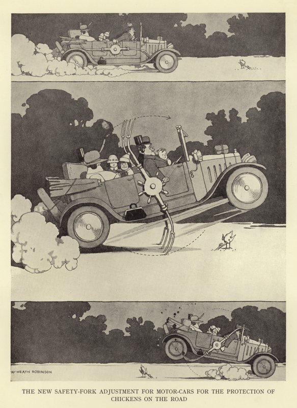 El nuevo ajuste de horquilla de seguridad para automóviles para la protección de pollos en la carretera de William Heath Robinson