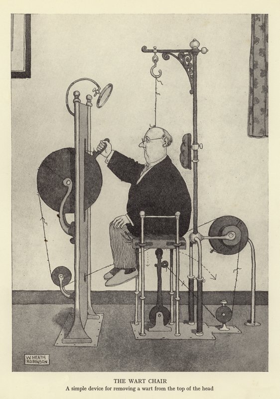 La silla de verrugas, un dispositivo simple para eliminar una verruga de la parte superior de la cabeza de William Heath Robinson