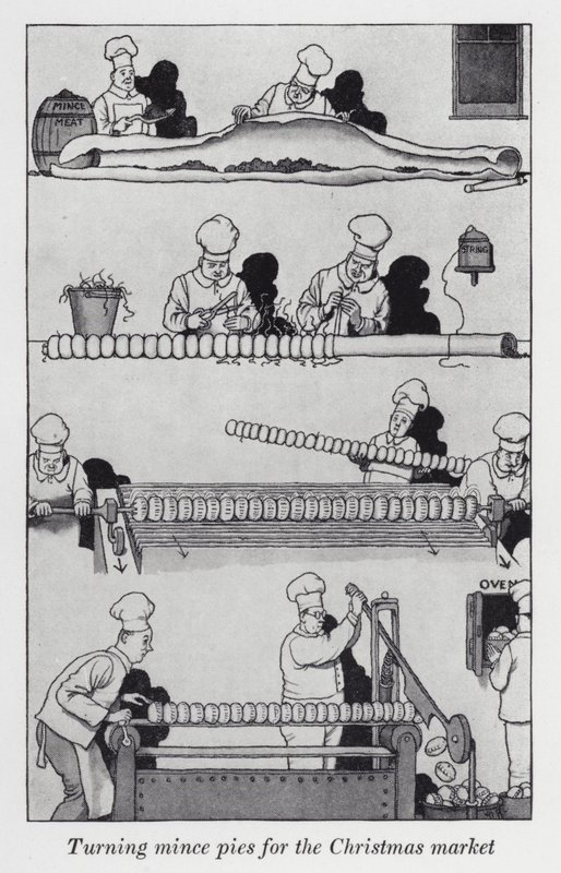 Preparando pasteles de carne para el mercado navideño de William Heath Robinson