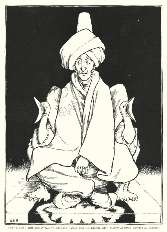 Lo que le agradaba mucho era ver a Abou Hassan ocupar su trono con casi tanta gravedad como él mismo de William Heath Robinson