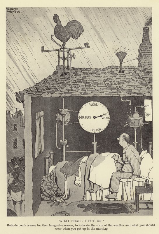 ¿Qué me pongo? Dispositivo de cabecera para la temporada cambiante, para indicar el estado del tiempo y qué debes usar al levantarte por la mañana de William Heath Robinson