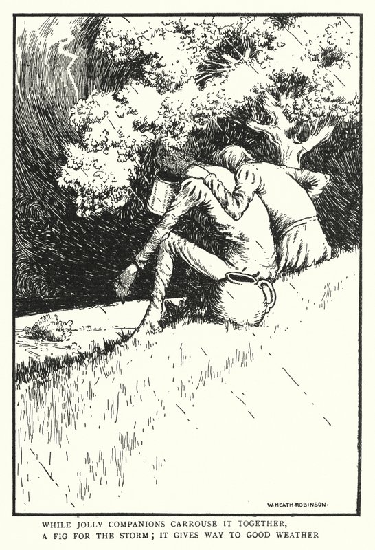 Mientras los alegres compañeros brindan juntos, un higo para la tormenta, da paso al buen tiempo de William Heath Robinson