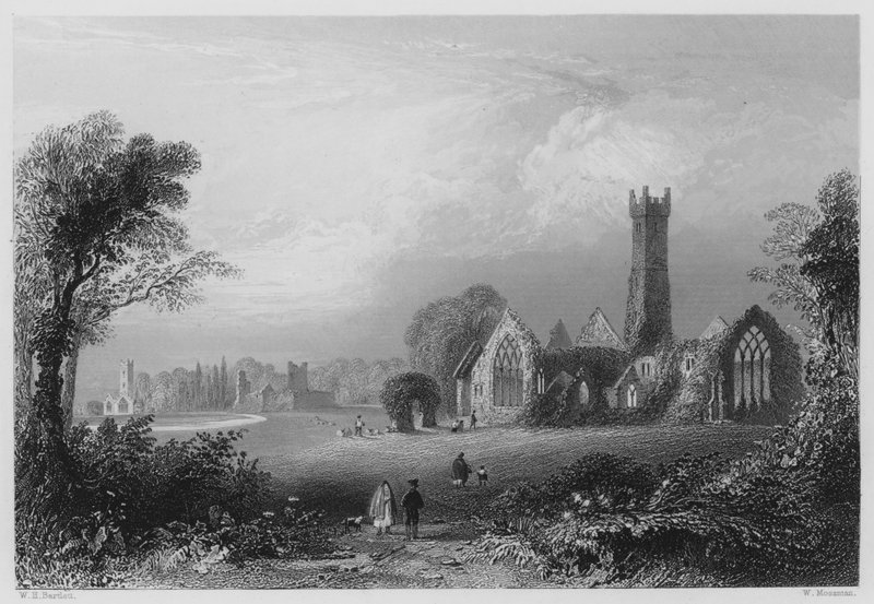 Abadía Agustiniana, Adare, con el Castillo de los Fitzgerald y la Abadía Franciscana (grabado) de William Henry (after) Bartlett
