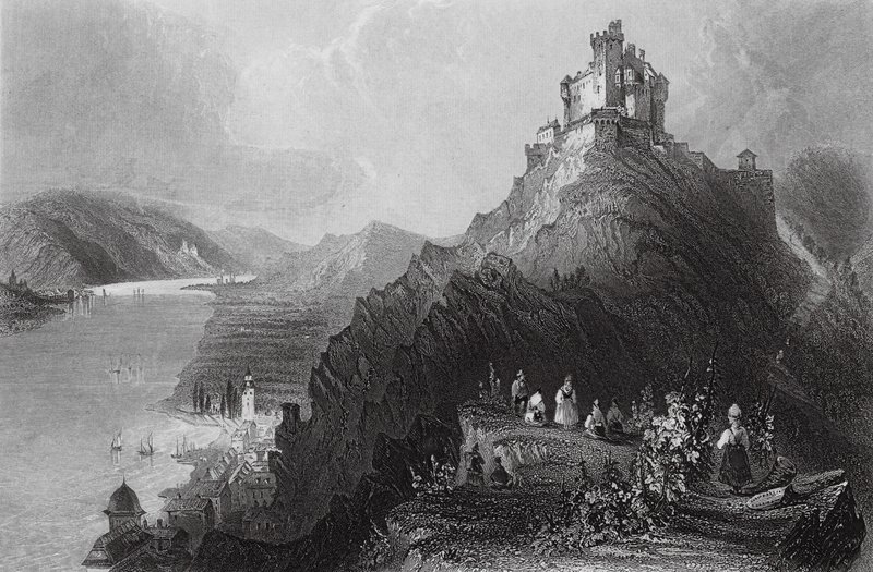 Braubach, y castillo de Marksburg, Rin (grabado) de William Henry (after) Bartlett