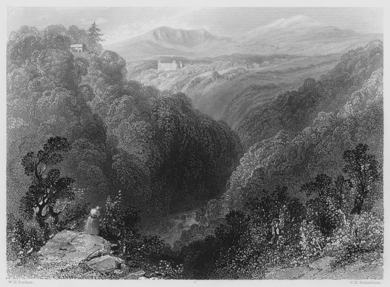 Powerscourt desde el Dargle, Condado de Wicklow (grabado) de William Henry (after) Bartlett