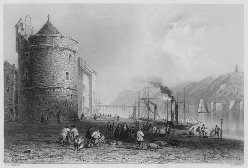 El muelle de Waterford, con la Torre de Reginald de William Henry (after) Bartlett