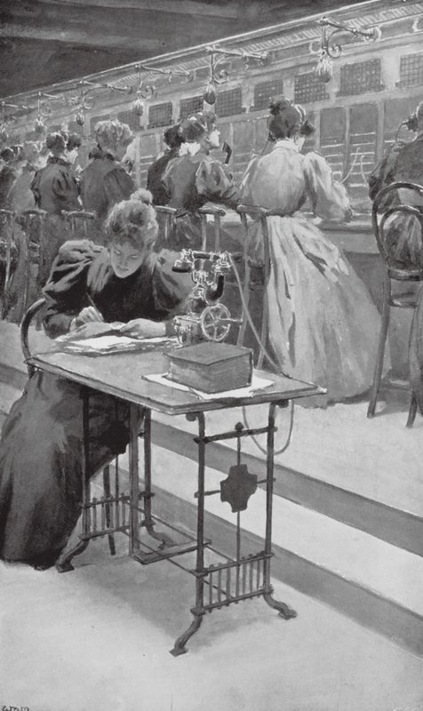 Trabajando en un locutorio (litografía) de William Henry (after) Margetson