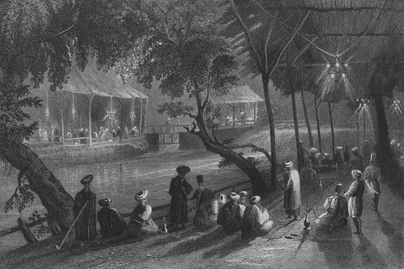 Cafés en Damasco, en una rama del Barrada, el antiguo Pharpar de William Henry Bartlett