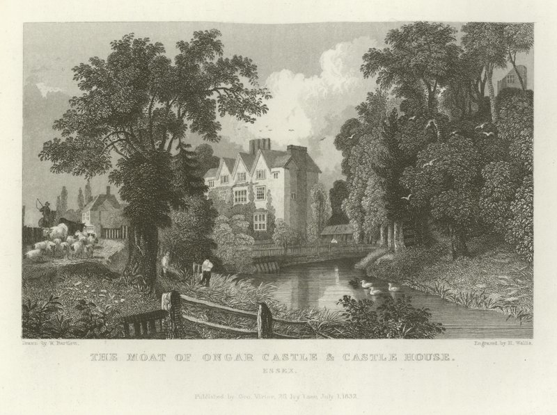 El foso del castillo de Ongar y la Casa del Castillo, Essex de William Henry Bartlett