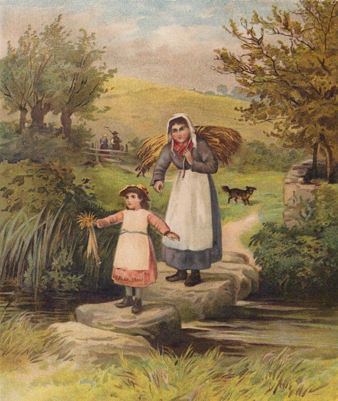 Mujer y niña cruzando un arroyo sobre peldaños (cromolito) de William Henry James (after) Boot