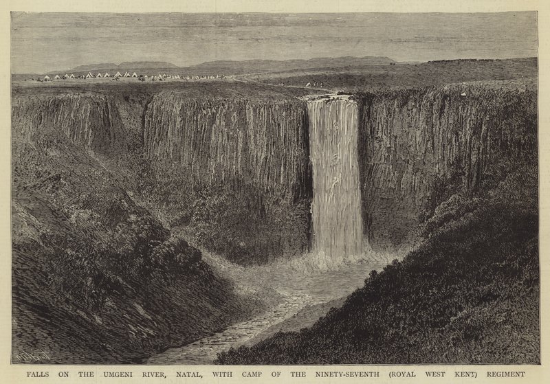 Cataratas en el río Umgeni, Natal, con campamento del Noventa y Siete Regimiento (Royal West Kent) de William Henry James Boot