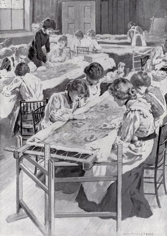 Estudiantes de la Real Escuela de Arte de Bordado bordando la túnica de coronación del Rey de William Henry Margetson