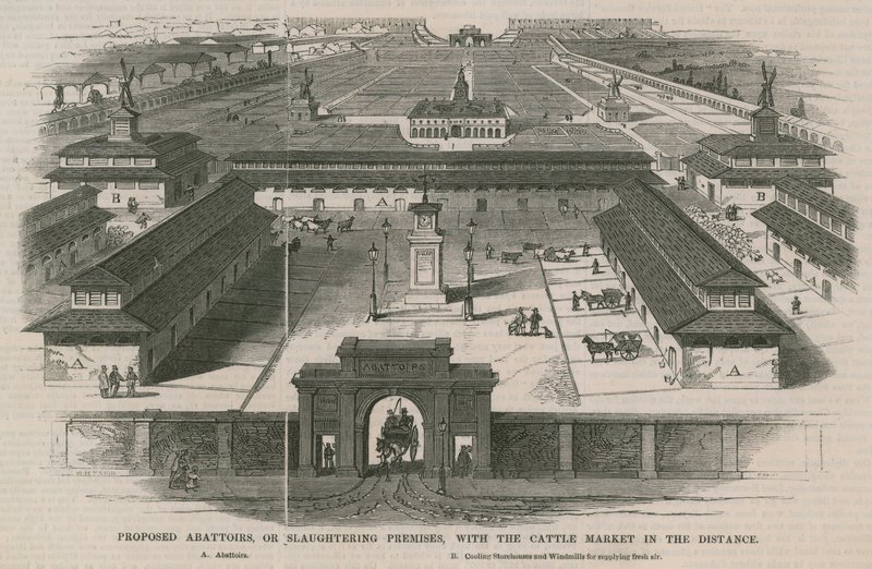Mataderos propuestos, o, locales de sacrificio, con el mercado de ganado a lo lejos de William Henry Prior