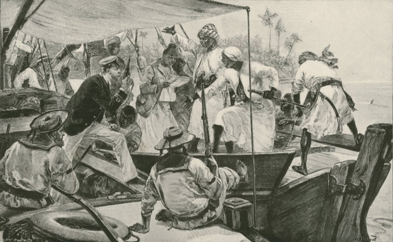 Un oficial naval británico revisando un dhow esclavista árabe de William Heysham (after) Overend