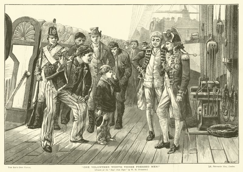 Un voluntario vale más que tres hombres presionados (grabado) de William Heysham (after) Overend