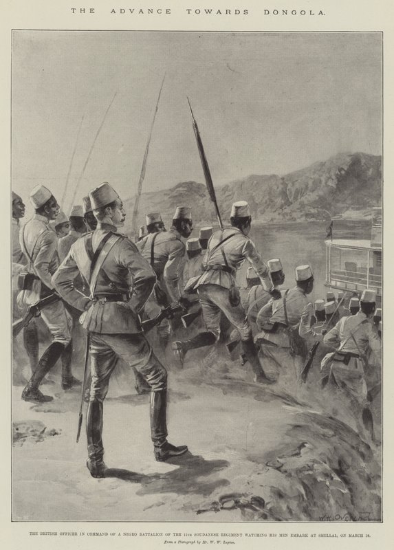 El avance hacia Dongola, el oficial británico al mando de un batallón negro del 11º Regimiento Sudanés observando a sus hombres embarcar en Shellal, el 18 de marzo de William Heysham (after) Overend